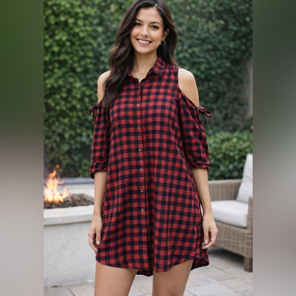 Red and Black Plaid Cold Shoulder dress
